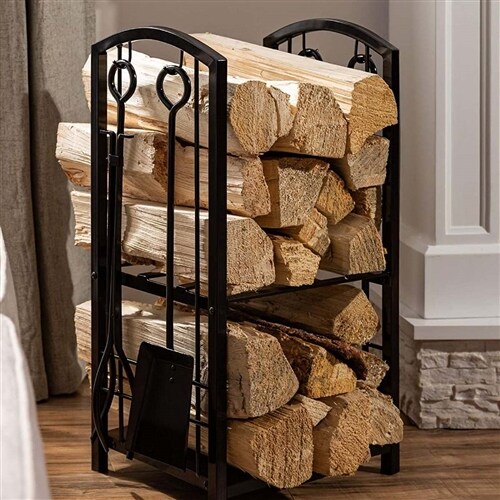 5-Piece Black Wrought Iron Firewood Log Rack with 4 Tools Set and 2 Shelves Fireplace Storage