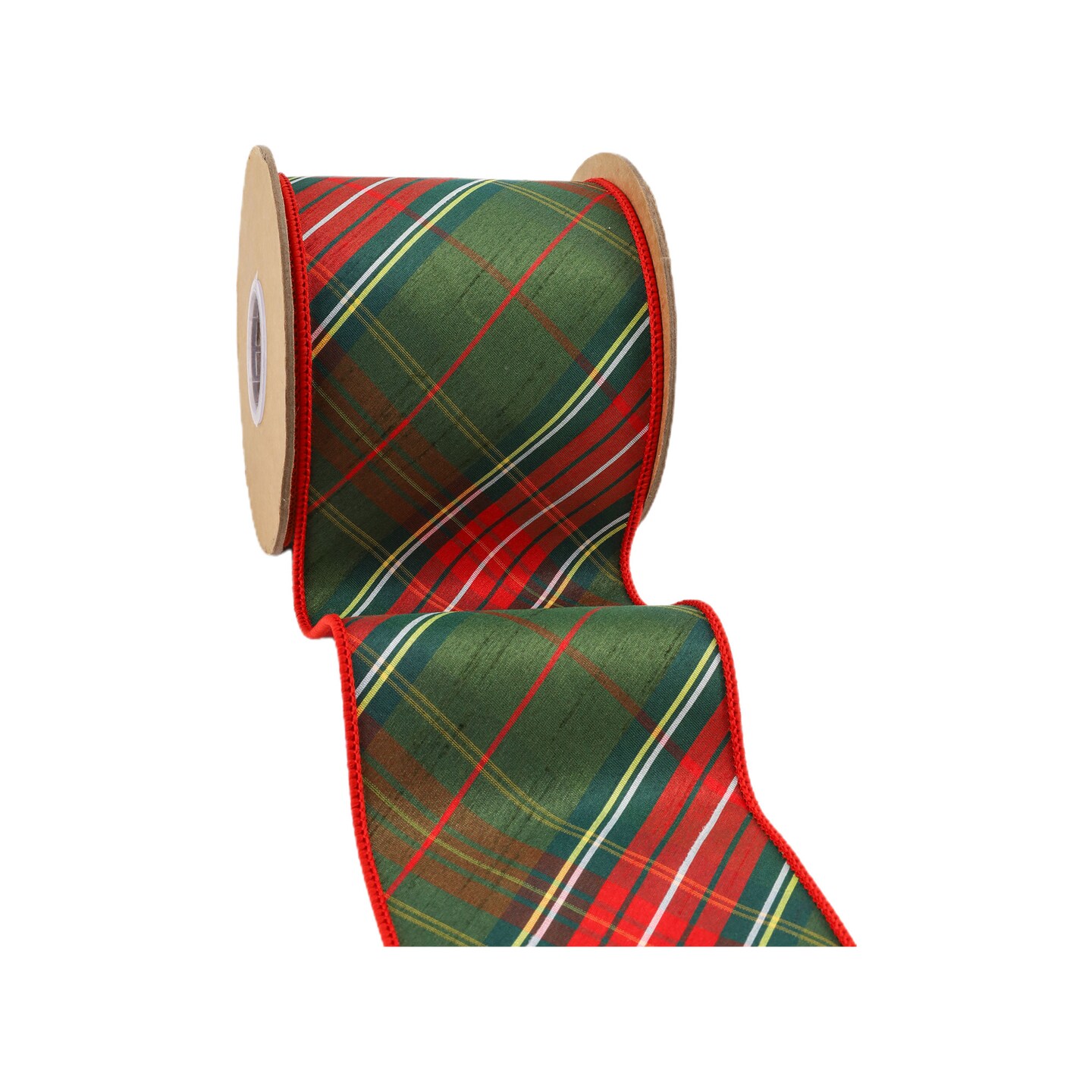 LaRibbons 4&#x22; - 2 1/2&#x22; Wired Dupioni Ribbon | Red/Dark Green Plaid Bias Cut Double-Fused Red Backing | 5 Yard Roll
