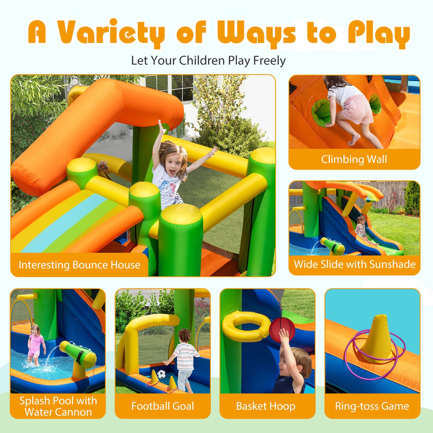 Multicolor 8-in-1 Inflatable Water Park for Kids with Slide Jumping Area Climbing Wall Basketball Football Ring Toss Splash Pool Ages 3 to 12