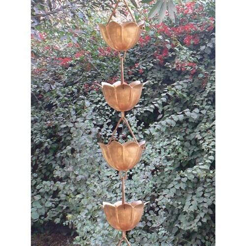8.5 Ft Copper Rain Chain with Lotus Cups Decorative Outdoor Waterfall Gutter Downspout Accessory