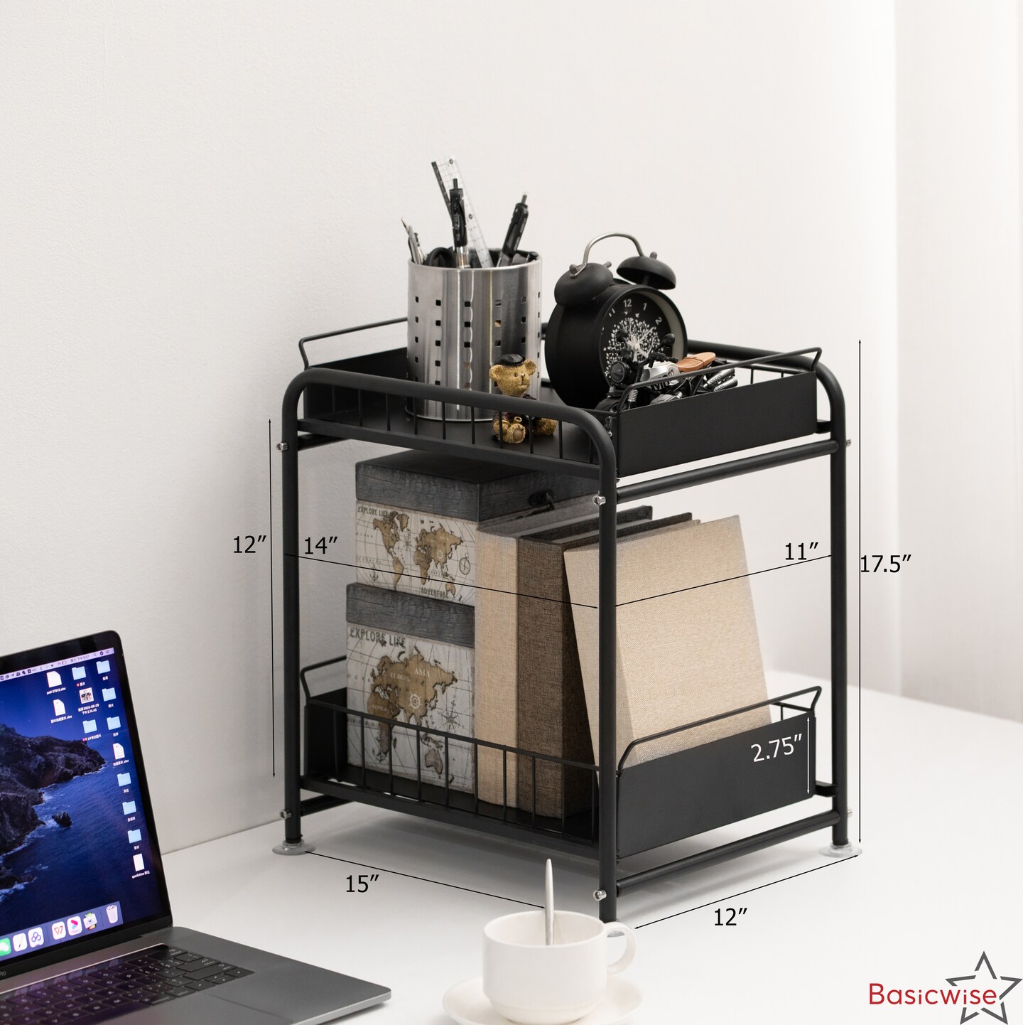 Basicwise Under Sink Organizer Sliding Wire Baskets Adjustable 2-Tier Metal Storage Rack for Bathroom Kitchen or Utility Cabinets Pull-Out Shelf for Toiletries Cleaning Supplies & Pantry Essentials