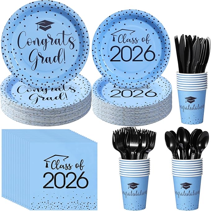 350pcs Class of 2026 Graduation Plates and Napkins Set, Disposable Paper Plate Set Polka Dots Plates Napkins Cups Knife Fork Spoon for Graduation Party Decorations and Supplies,Serve 50(Light Blue)
