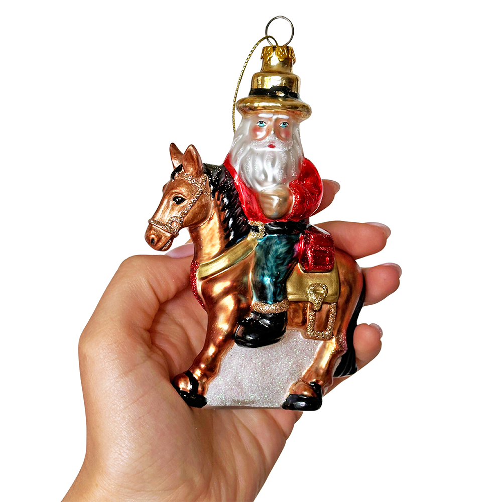 Hardy Wild Western Cowboy Santa Glass Christmas Ornament, Vintage Horse Ridin Farm Style Decor