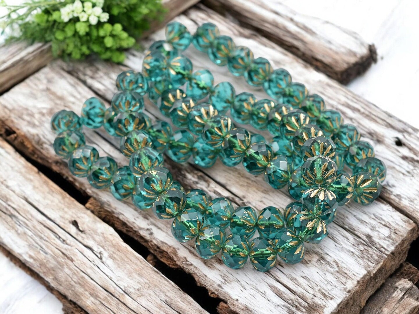 *25* 6x9mm Etched Gold Washed Matte Teal Cruller Rondelle Beads