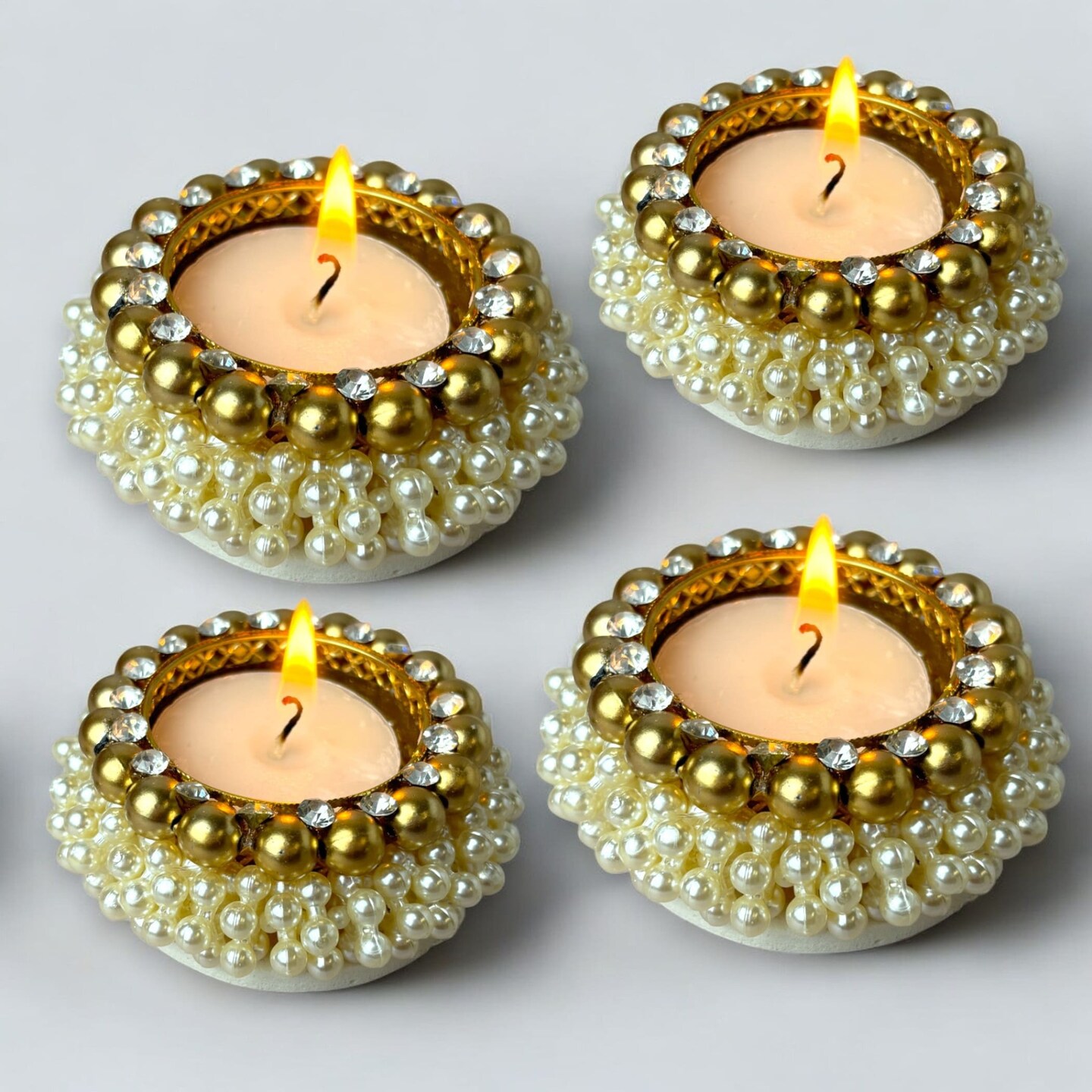 4 Pcs Pearl Tealight Candle Holder Festival of Light Decorative T-light Holder for Diwali Navratri Christmas Thanksgiving Housewarming Gift Candle Stand for Centerpiece Table Home Decor