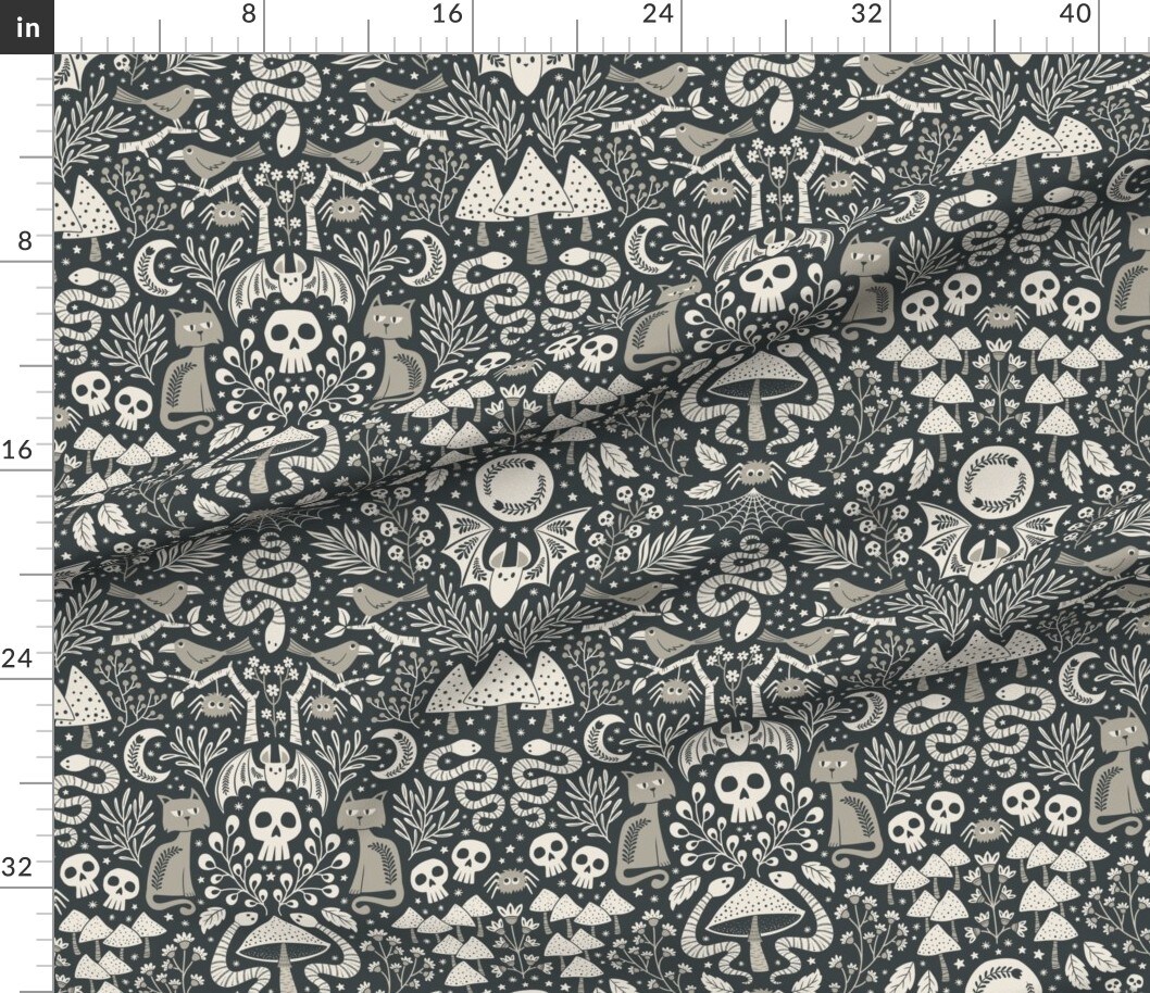 Whimsigoth Woodland Folk Art Gothic Halloween Steampunk Witchy Dark Academia Whimsical Spooky Snakes Bats Moon Skull Night Haunted Spider Custom Printed Fabric by Spoonflower Various Fabrics by the Yard or Fat Quarter