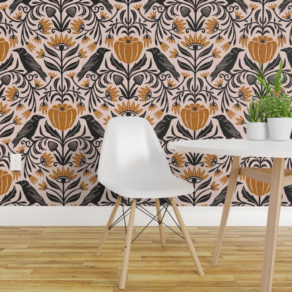 Peel & Stick Wallpaper 2FT Wide Pink Halloween Rustic Botanical Mystical Eyes Faux Texture Spooky Retro Custom Removable Wallpaper by Spoonflower