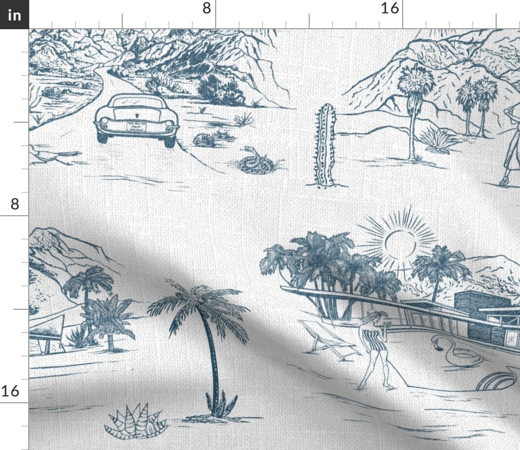 Mid Century Retro Summer Mcm Palm Springs Toile Road Trip Americana Desert Sun Home Trees Cactus Beverly Hills Modern Vintage Blue Faux Texture Custom Printed Fabric by Spoonflower Various Fabrics by the Yard or Fat Quarter