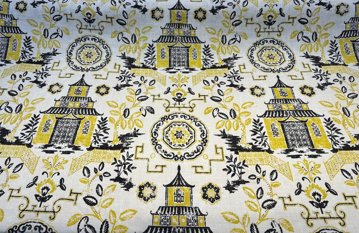 1 Yard Teahouse Toile Yellow Canary Drapery Upholstery Fabric 54 Inches Wide