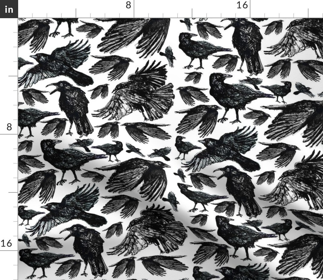 Crows Black White Birds Fantasy Pen Ink Custom Printed Fabric by Spoonflower Various Fabrics by the Yard or Fat Quarter