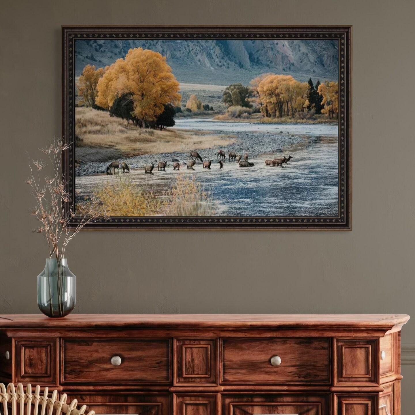 Framed Scenic Wildlife Artwork - Elk in Paradise Valley Picture in Barnwood  Frame - Cabin or Lodge Style Wall Decor | MakerPlace by Michaels, image size:1080x1080