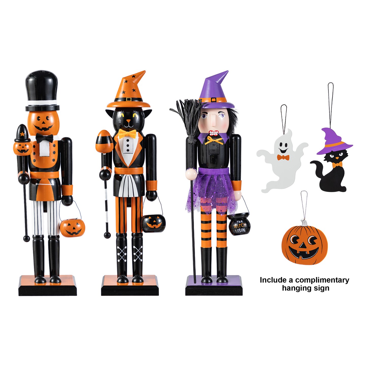 Set of 3 18.5&#x22;H Halloween Cat/Witch/Pumpkin Wood Nutcracker
