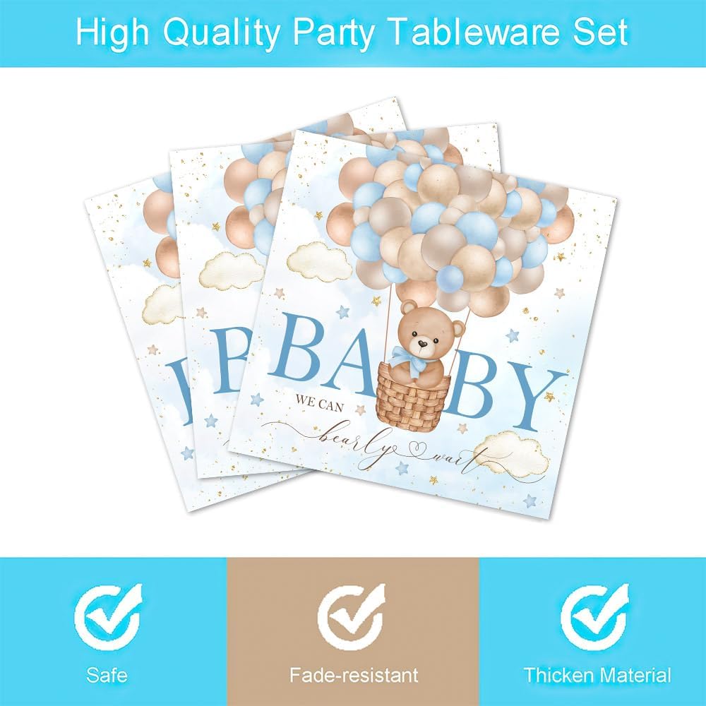 96Pcs Bear Baby Shower Tableware Sets - Serves 24 Guests (Blue)