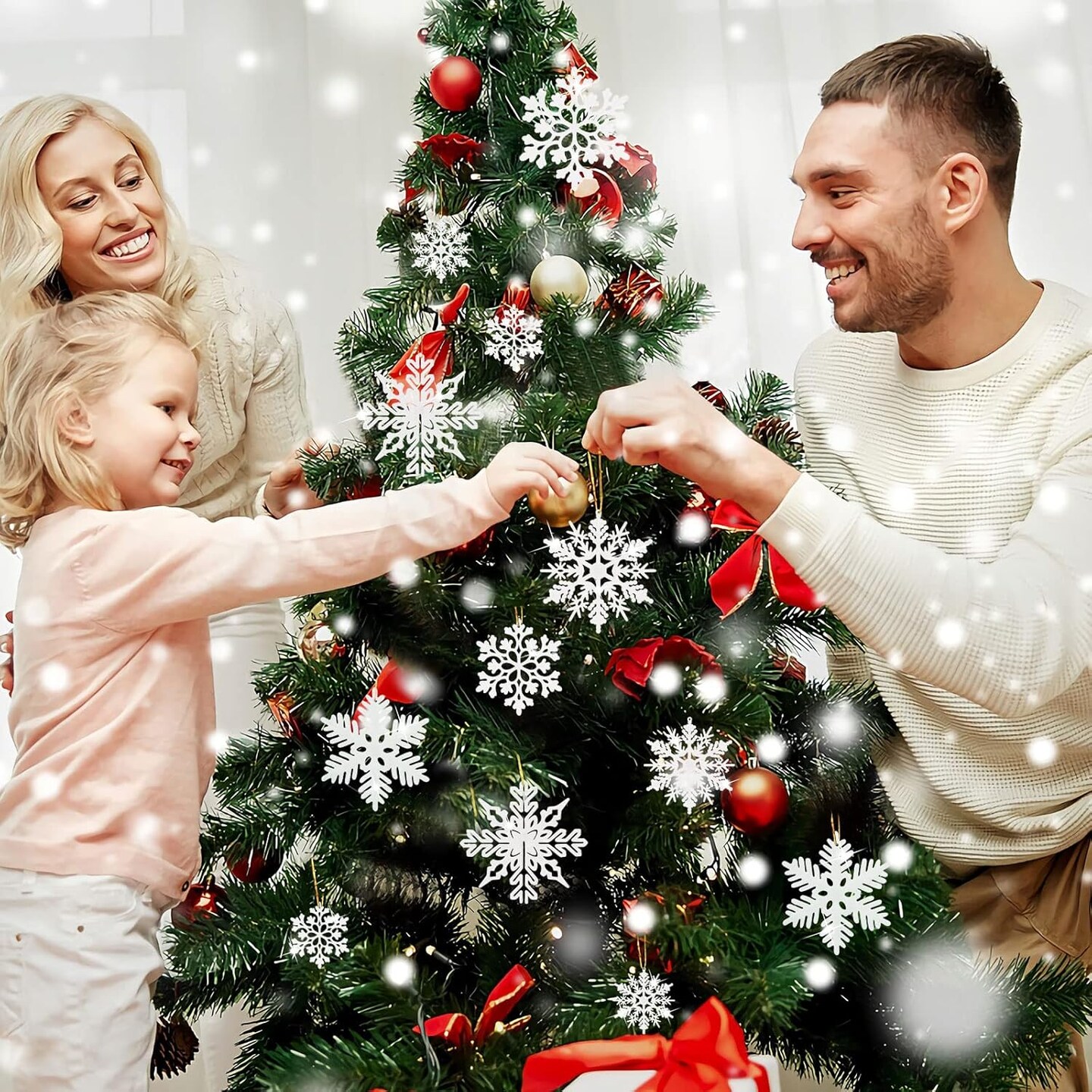 48-Piece Glitter Snowflake Ornaments – 4 White Christmas Hanging Decorations for Tree, Crafting, and Wedding Decor