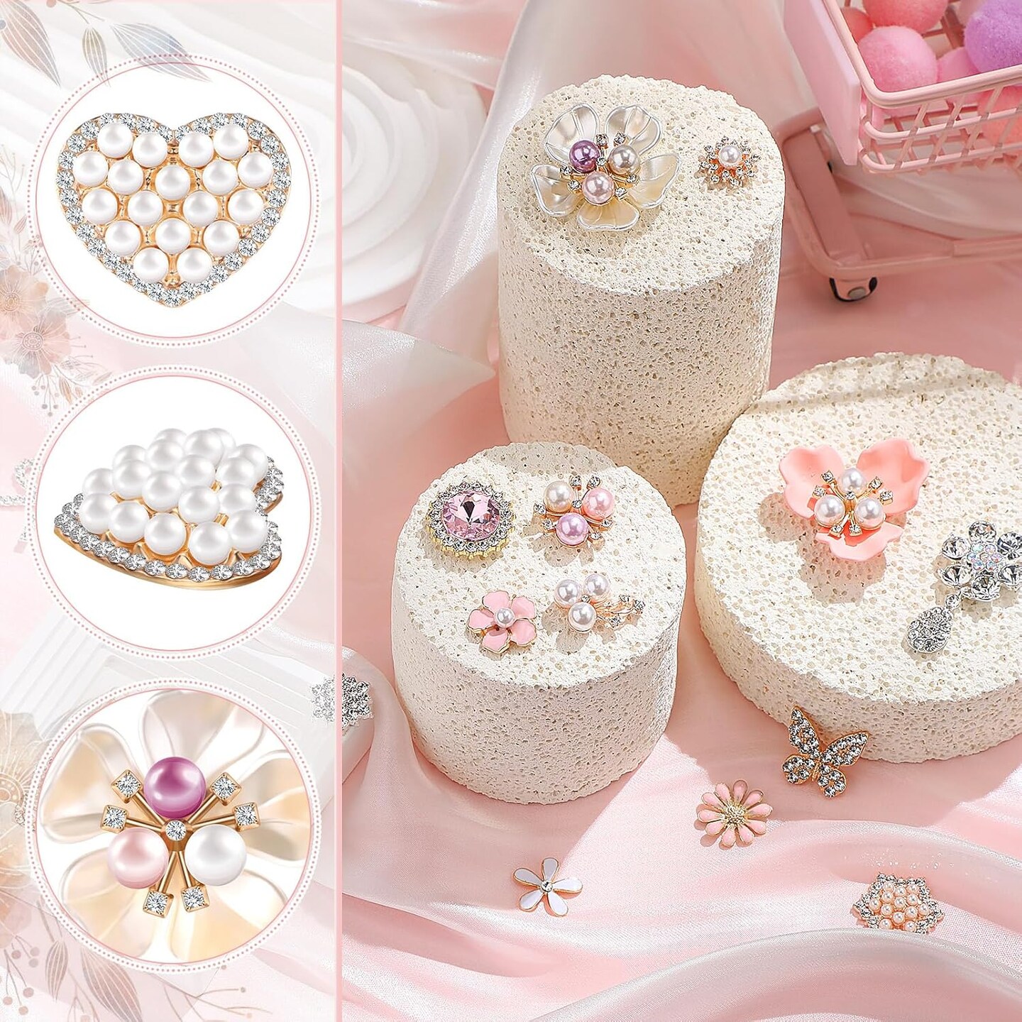 48 Pcs Rhinestone Buttons for Crafts Clothes Faux Pearl Embellishments