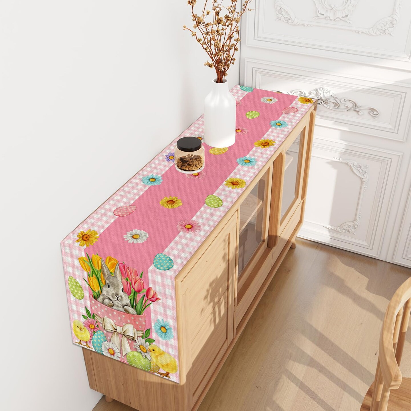 Linen Pink and White Buffalo Check Plaid Easter Table Runner 72 Inches Long Easter Egg Bunny Chick Daisy Tulip Floral Table Decor Spring Summer Easter Home Kitchen Dining Room Table Decorations