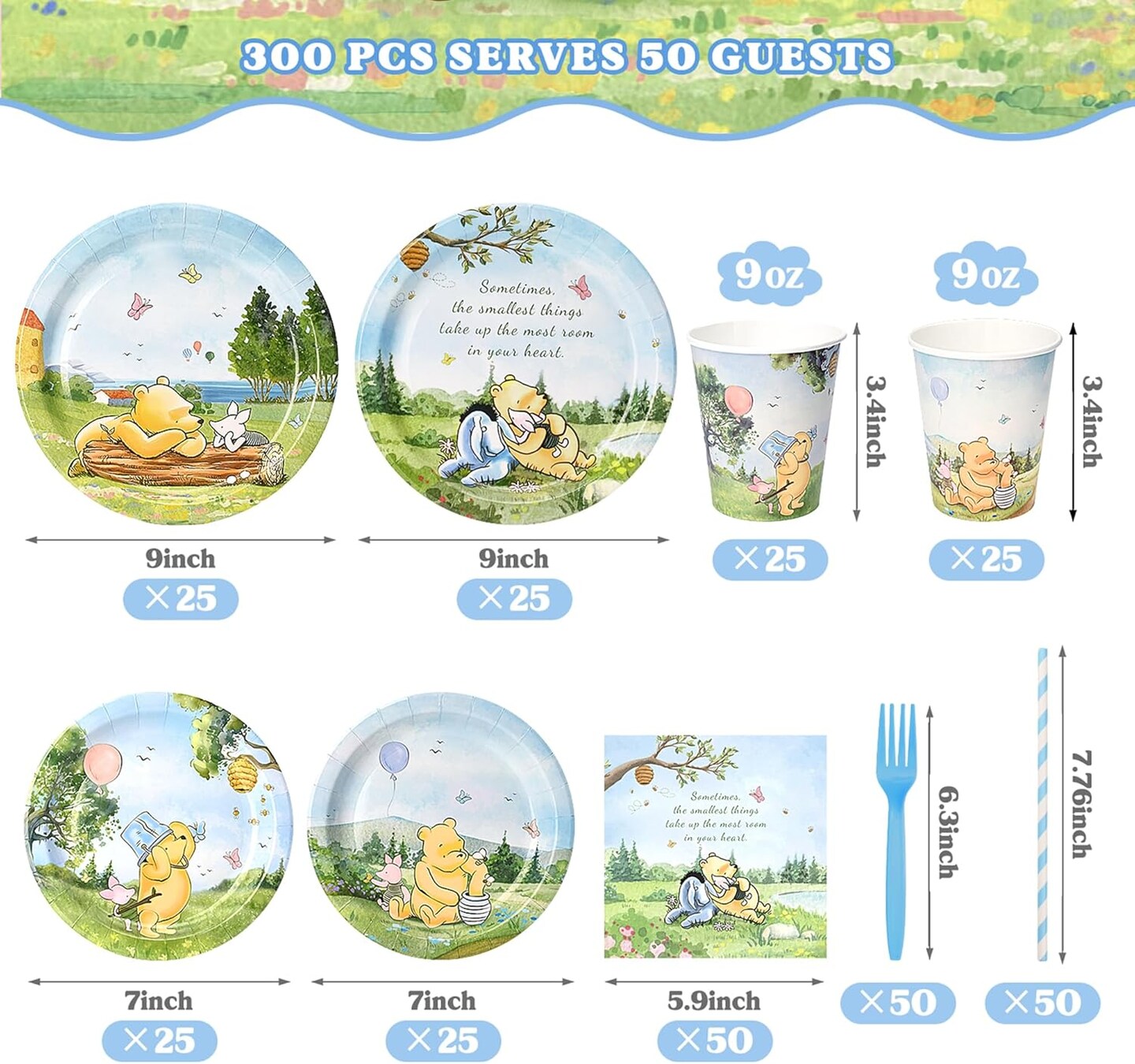 300 Pcs Winnie Bear Baby Shower Plates and Napkins Tableware Set,Serves 50