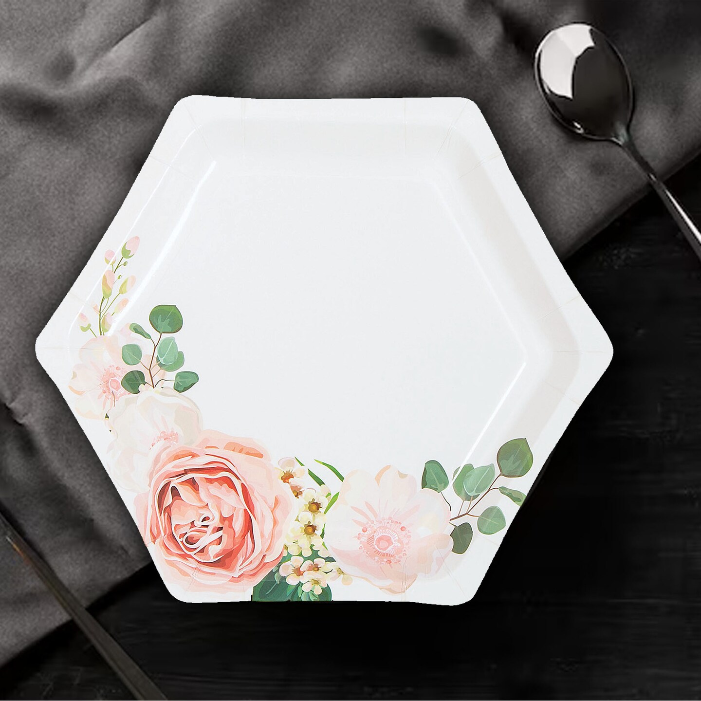 8 Ct. Blush Floral Hexagonal Paper Dessert Plates 7.25" Disposable Elegant Bridal Shower Plates