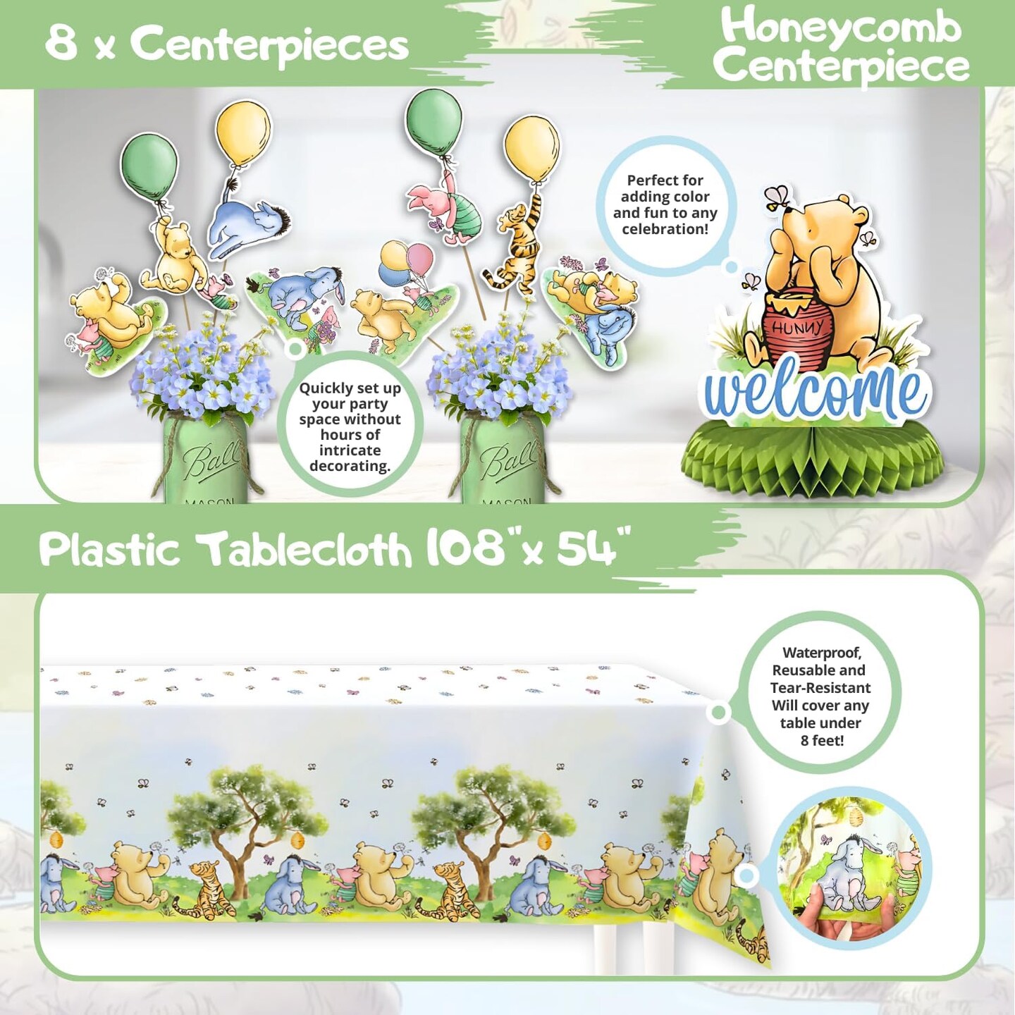 106 Pc Winnie Baby Shower Decorations Set Winnie Bear (Green, Blue)