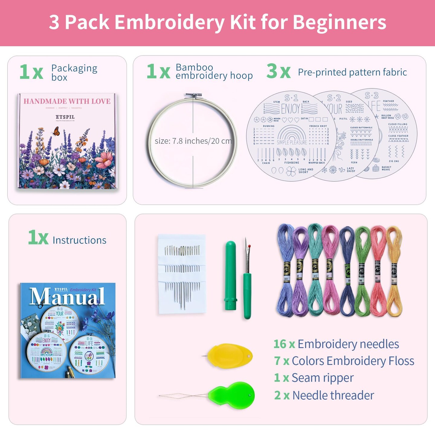 ETSPIL 3 Pack Embroidery Kit for Beginners and Adults,Learn 33 Stitches with DIY Stamped Flower Patterns &#x2013; Includes Hoop, Color Threads, Tools, and Step-by-Step Instructions with Video Tutorials