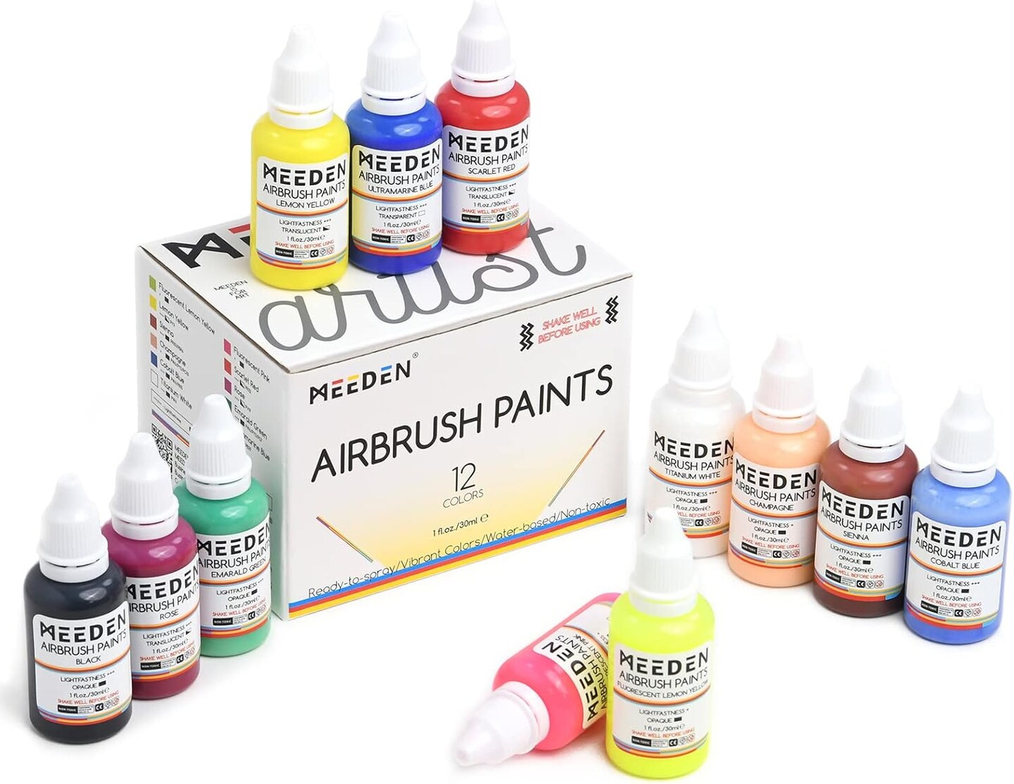 Airbrush Kit with Air Compressor, 12 Colors Acrylic Paint( Black)
