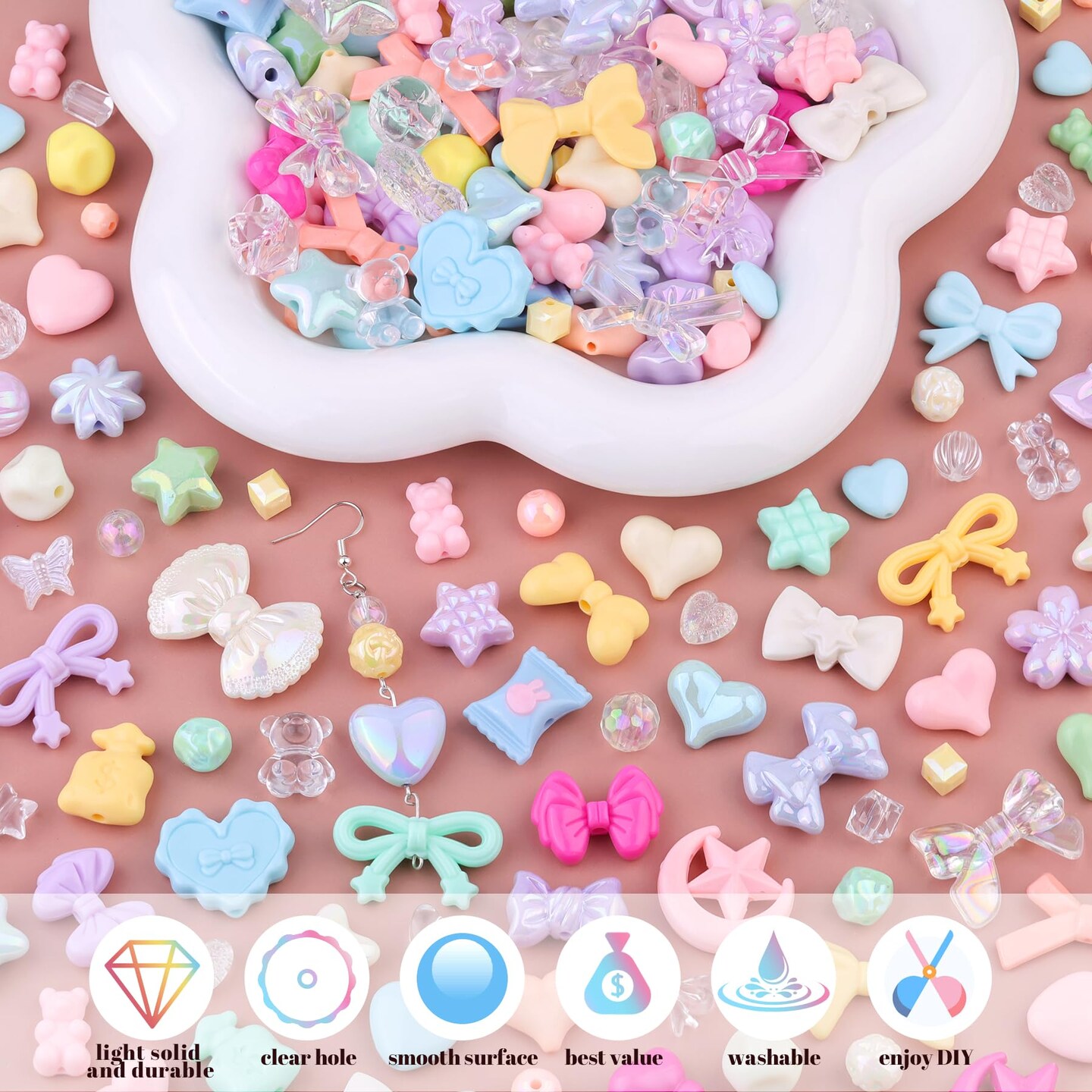 TINKRSTUFF Assorted 170-230PCS Macaroon Color Acrylic Beads For Bracelet Making, Bow Butterfly Candy GummyBear Aesthetic Bracelet Charms,Cute Beads For Jewelry Making DIY Necklace Keychain Phone Charm