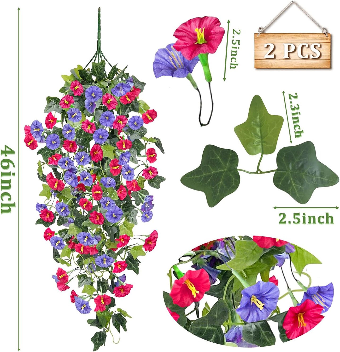 2PCS Artificial Fake Hanging Flowers Plants (Purple + Fuchsia) 1.57"D x 1.57"W x 34"H