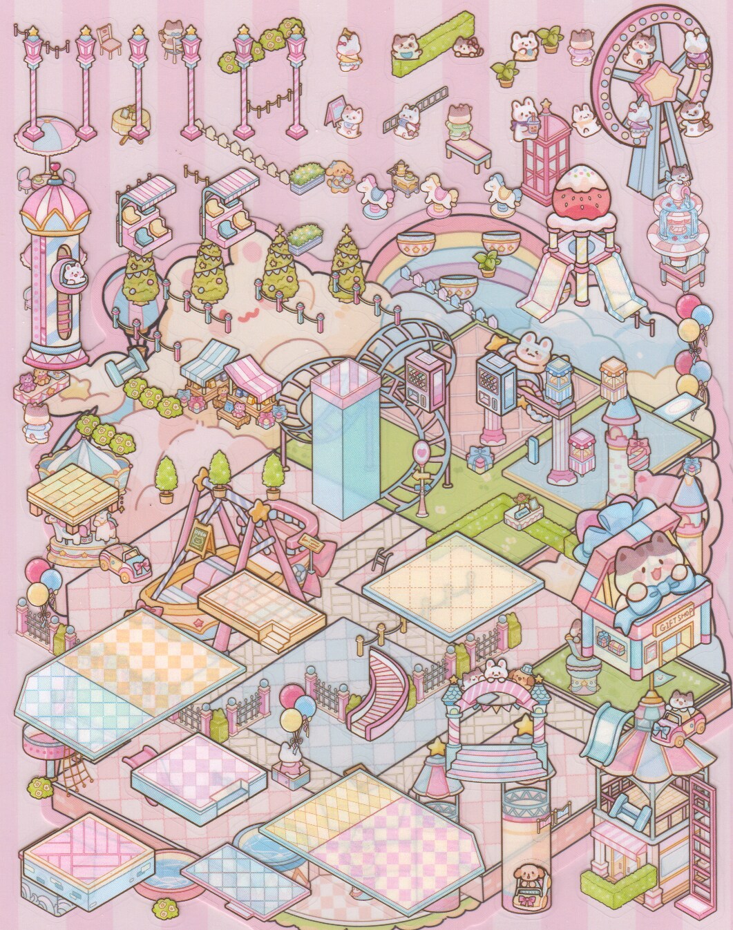 Kawaii Sticker Scene, Large Size, Pastel Amusement Park Isometric Set, Adorabilities