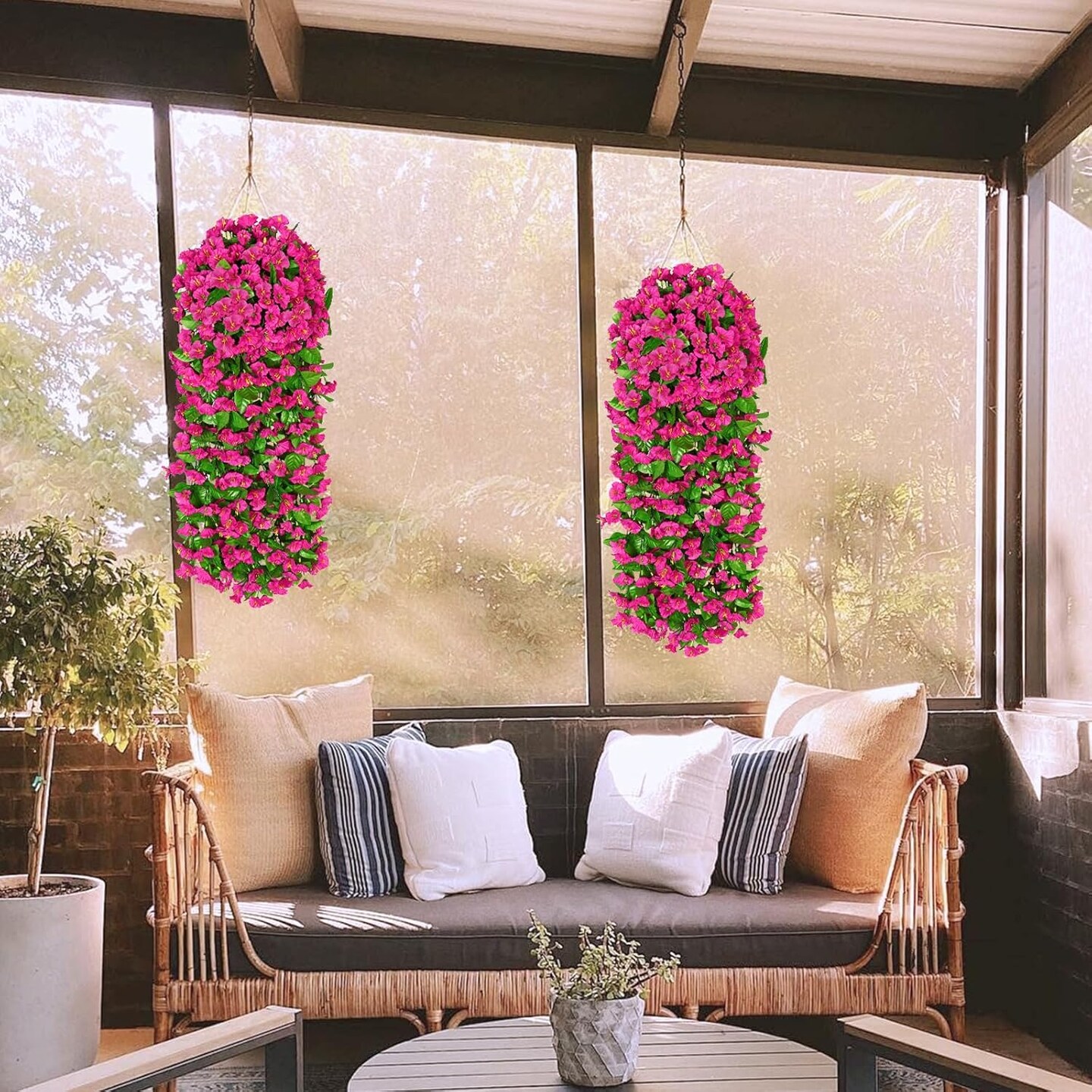2PCS Artificial Fake Hanging Flowers Plants (Fuchsia) 5.9"D x 7.8"W x 11.8"H