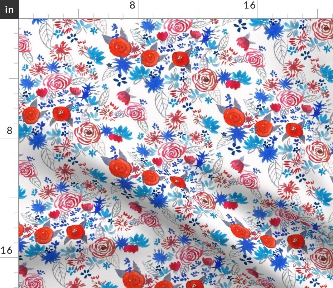 Patriotic Red White Blue Watercolor Floral July 4Th Flowers Independence Day Summer American Print Custom Printed Fabric by Spoonflower Various Fabrics by the Yard or Fat Quarter