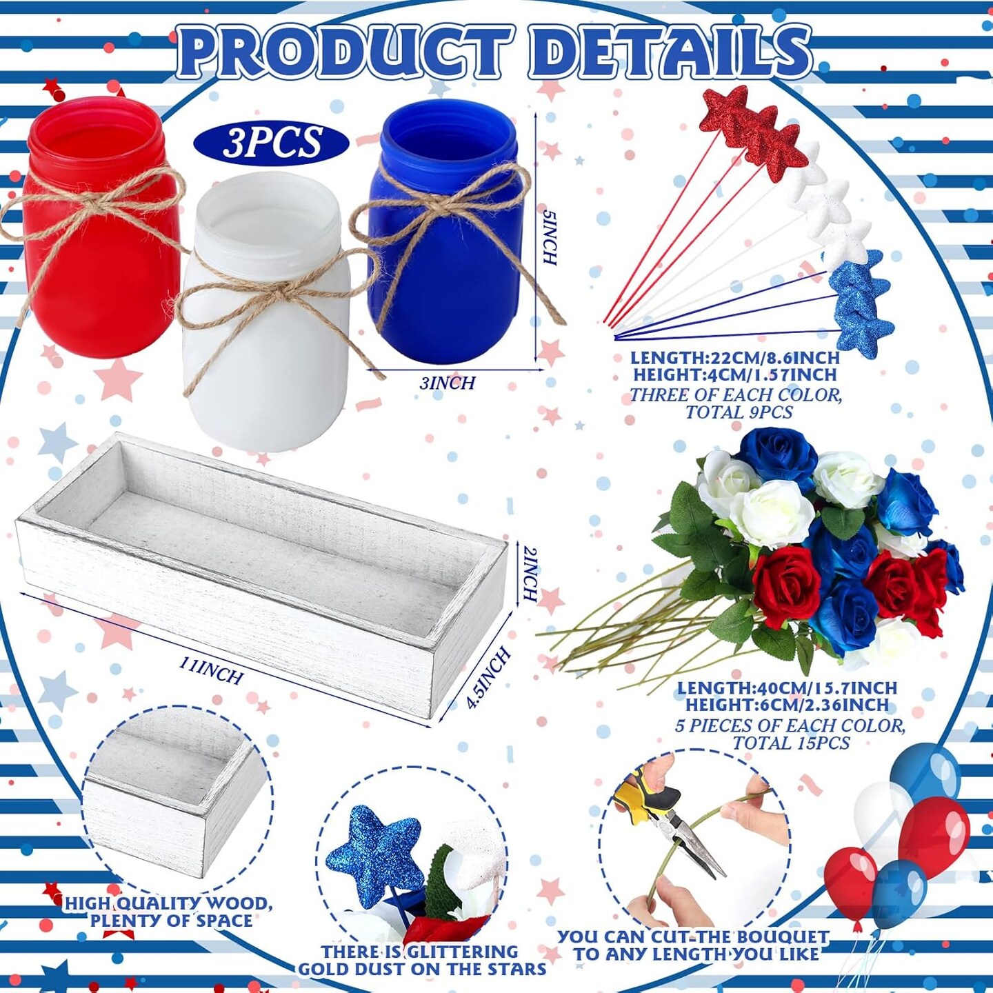 4th of July Mason Jar Centerpiece &#x2013; Patriotic Farmhouse Table Decor Set