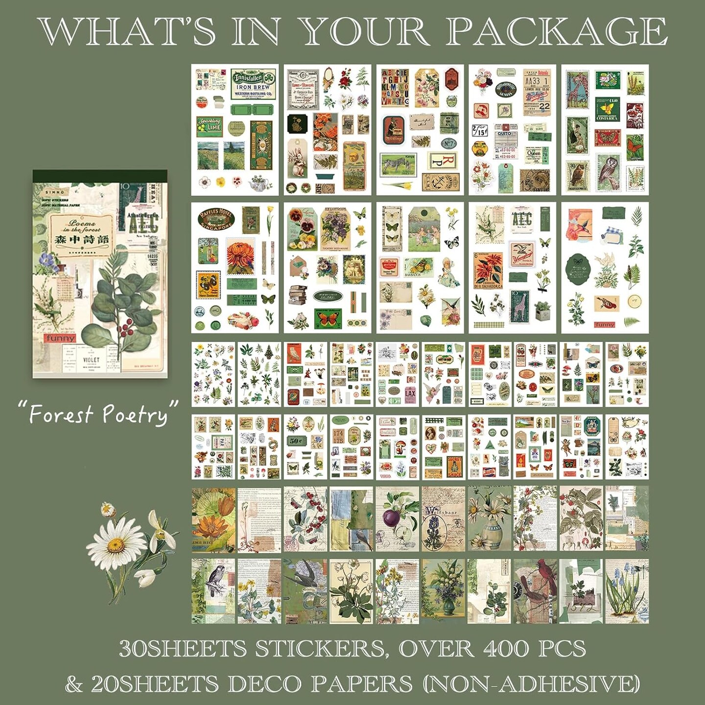 420Pcs Vintage Scrapbooking Stickers Pack - Butterfly &#x26; Plant