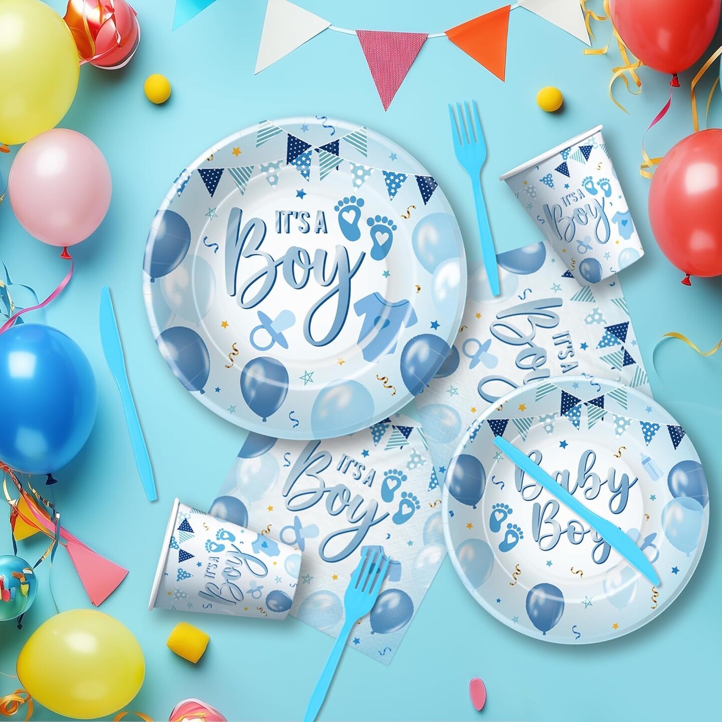 Baby Shower Party Supplies for Boy - Blue Balloons, Paper Plates, Napkins