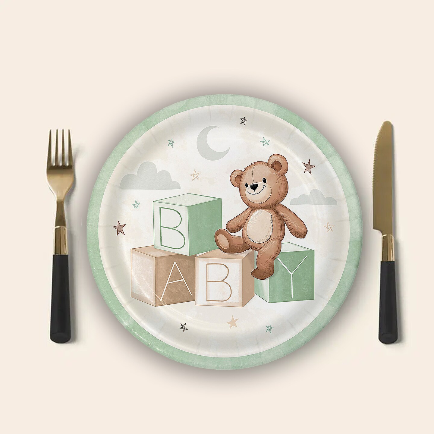 8 Ct. Teddy Bear Paper Dinner Plates with Green Trim 9" Baby Shower Party Plates