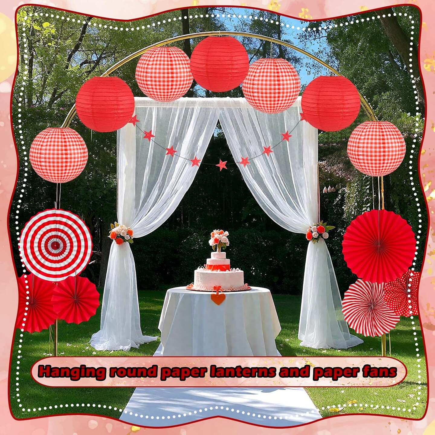 15Pcs Red Party Decorations Supplies Set, Hanging Red Paper Lanterns Paper Fans