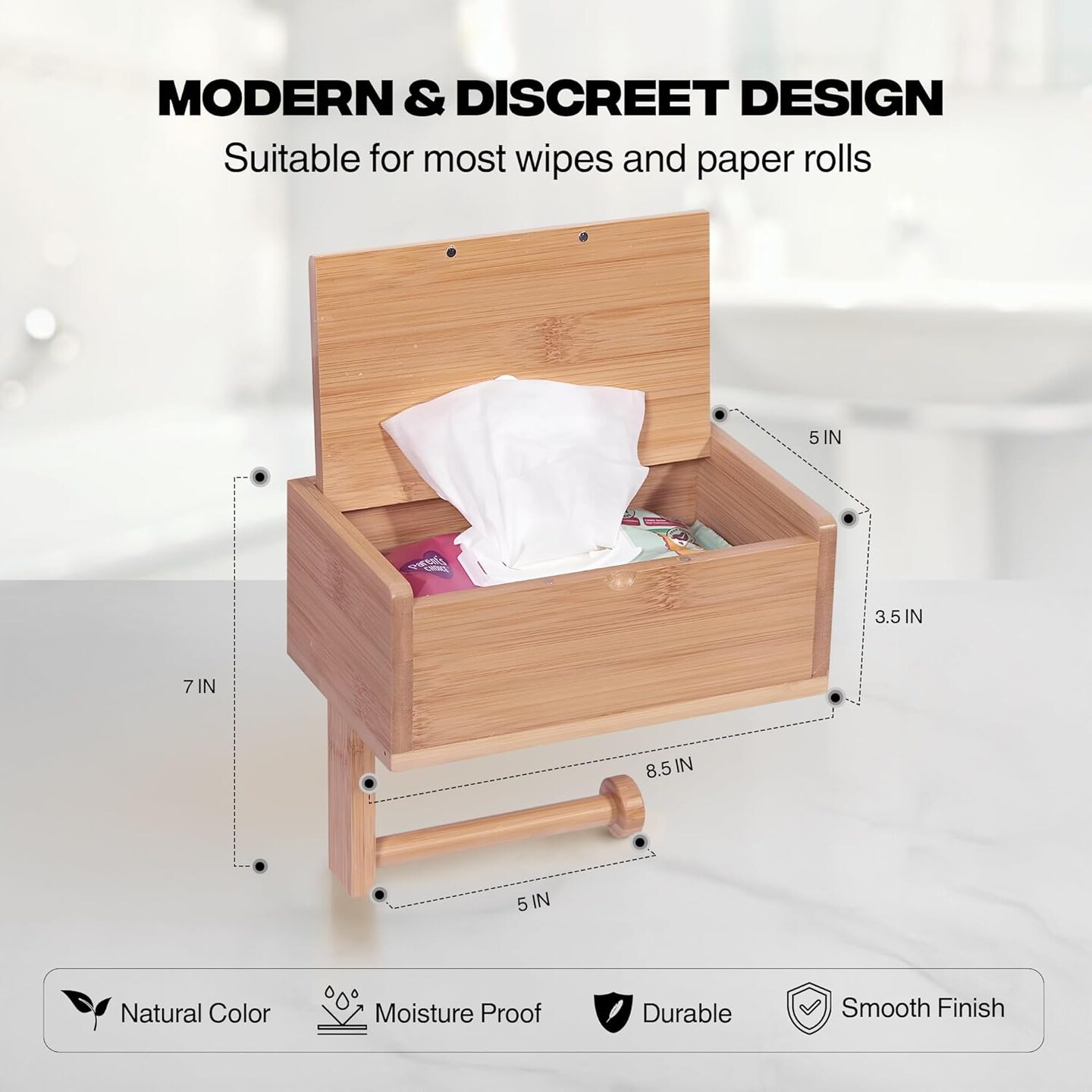 Bamboo Toilet Paper Holder with Wipes