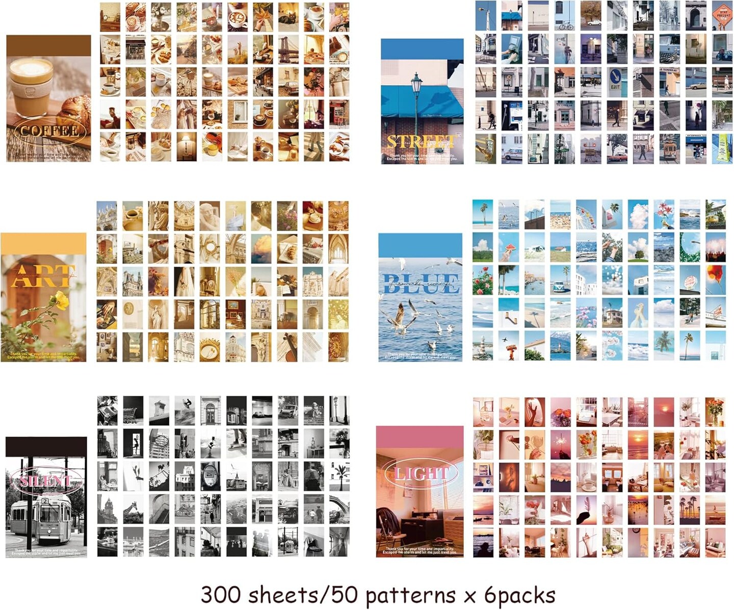 6 Sets 300 Pcs Washi Scrapbook Stickers Set (Fashion Art Color) 5.51 x 5.5 x 0.63 inches