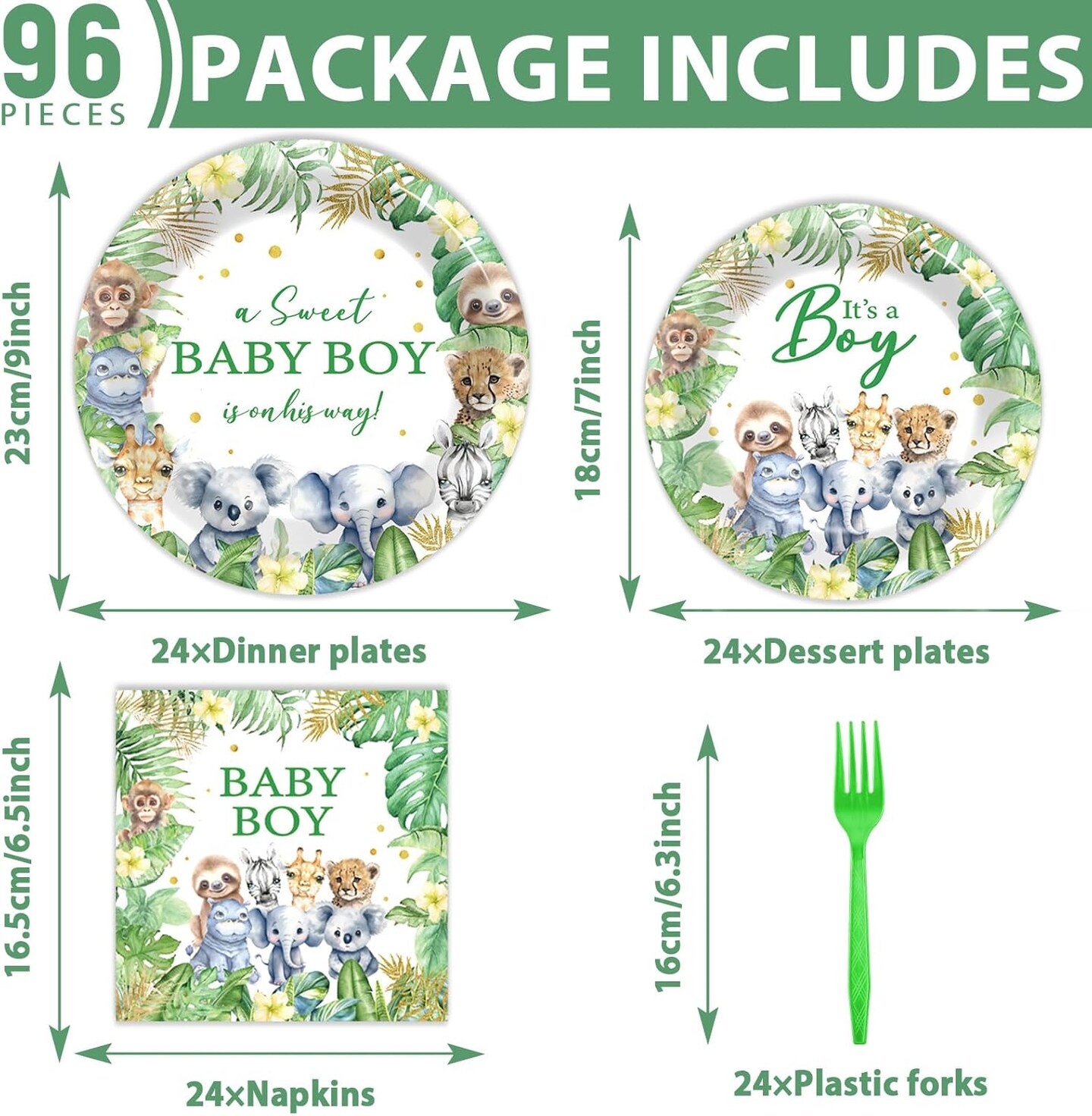 96Pcs Safari Jungle Baby Shower Party Supplies Green Wild Animals-Serves 24