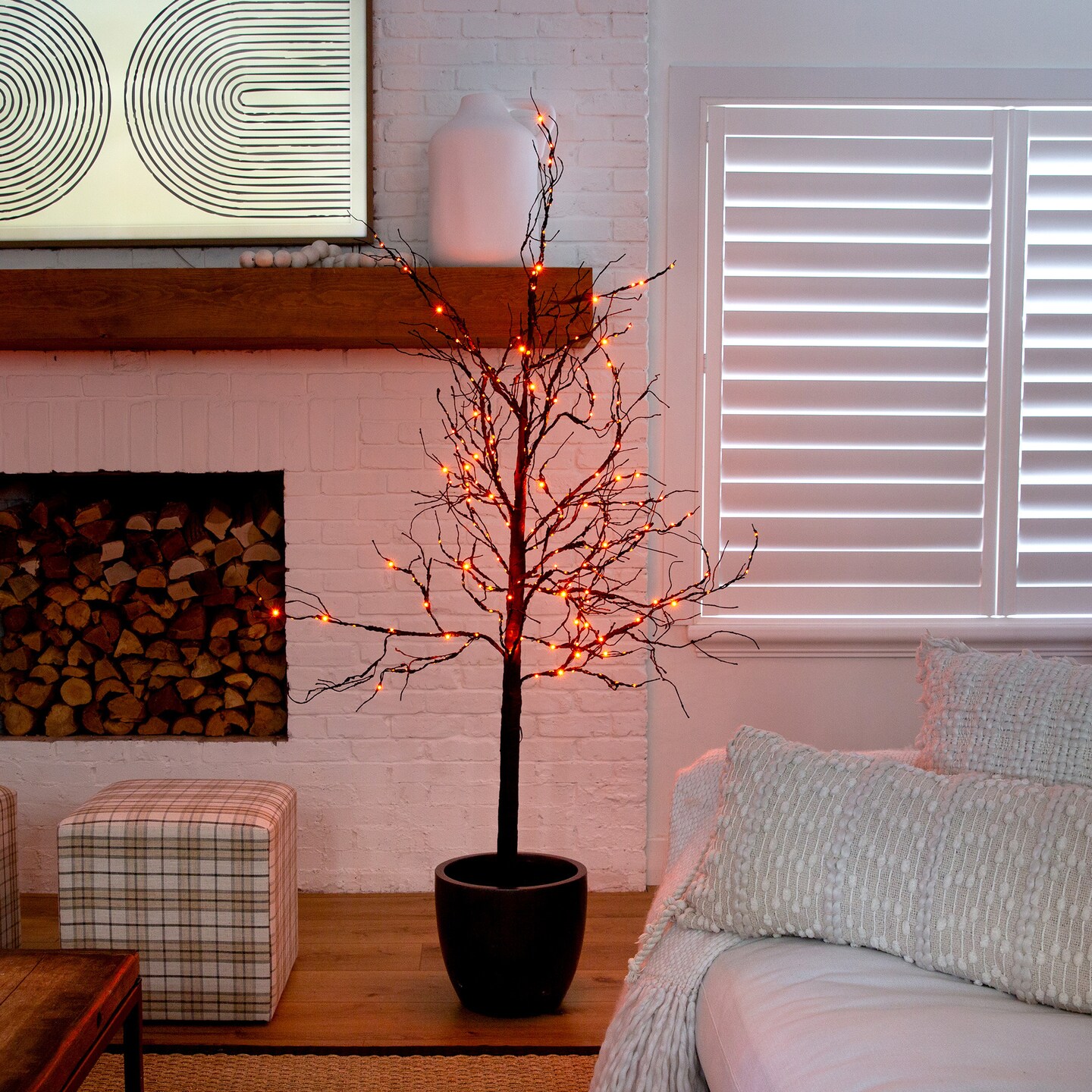 Nearly Natural Pre-Lit Artificial Halloween Twig Tree - 6&#x27; - Black - Orange and Purple LED Lights