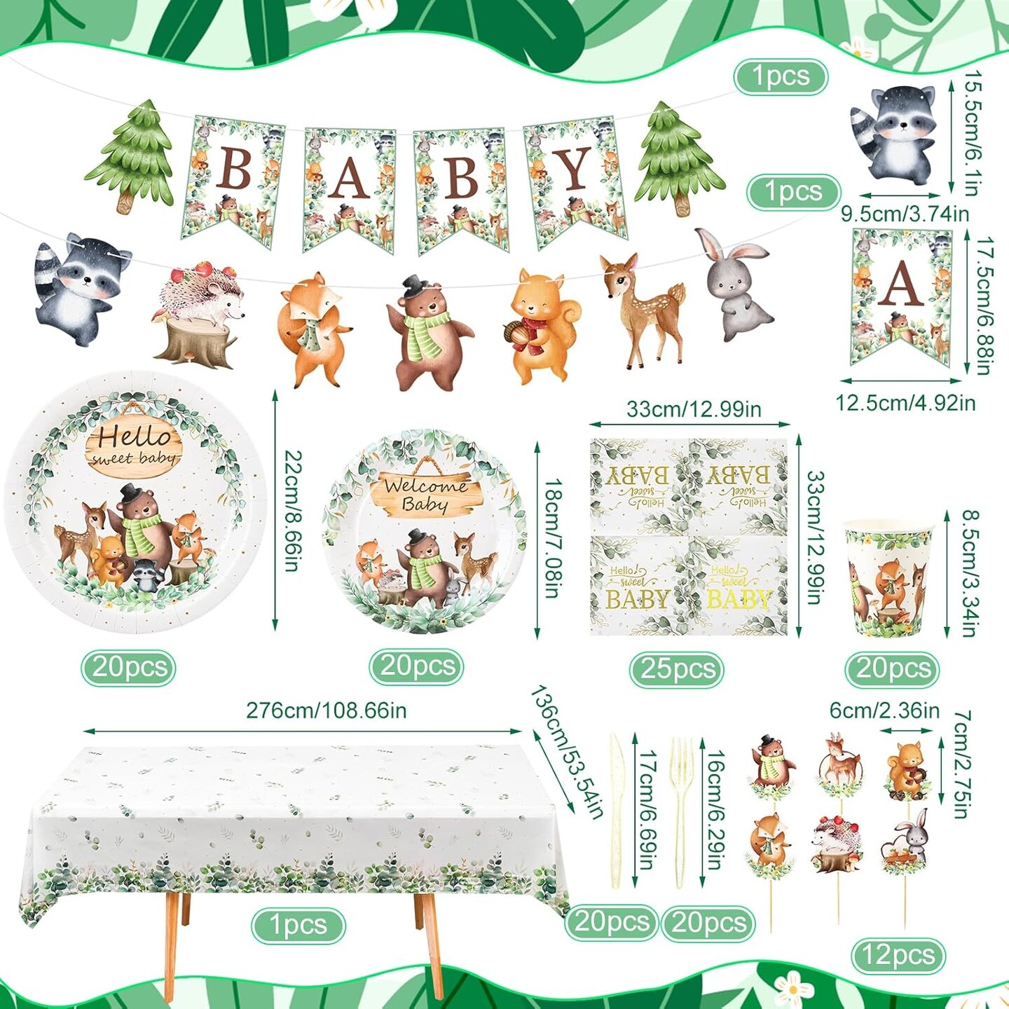 140PCS Woodland Baby Shower Decorations - 20 Guests