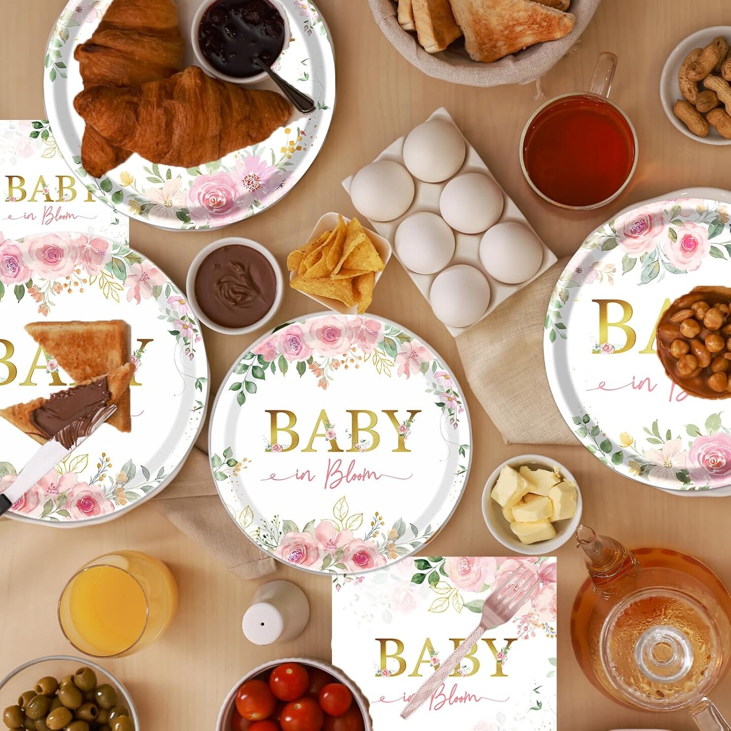 Baby in Bloom Baby Shower Decorations, 96PCS Spring Floral Party Plates Napkins and Forks Set Supplies, Flower Disposable Paper Tableware for Girls Serves 24