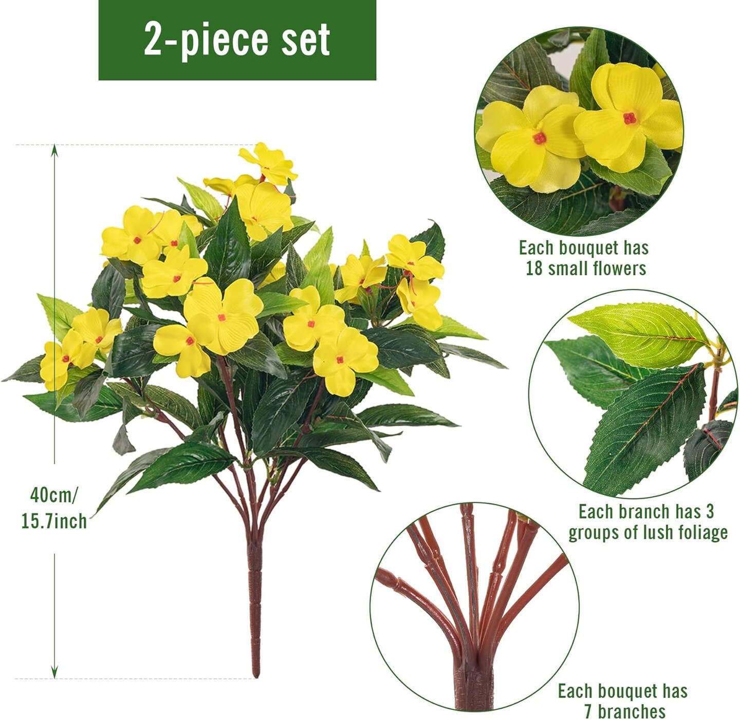 Artificial Impatiens Bouquet Flowers for Outdoors Silk2PCS&#xFF08;Yellow &#xFF09;