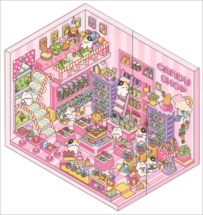 Candy Shop Sticker Scene, Landscape Isometric Cute Sticker Set, Adorabilities