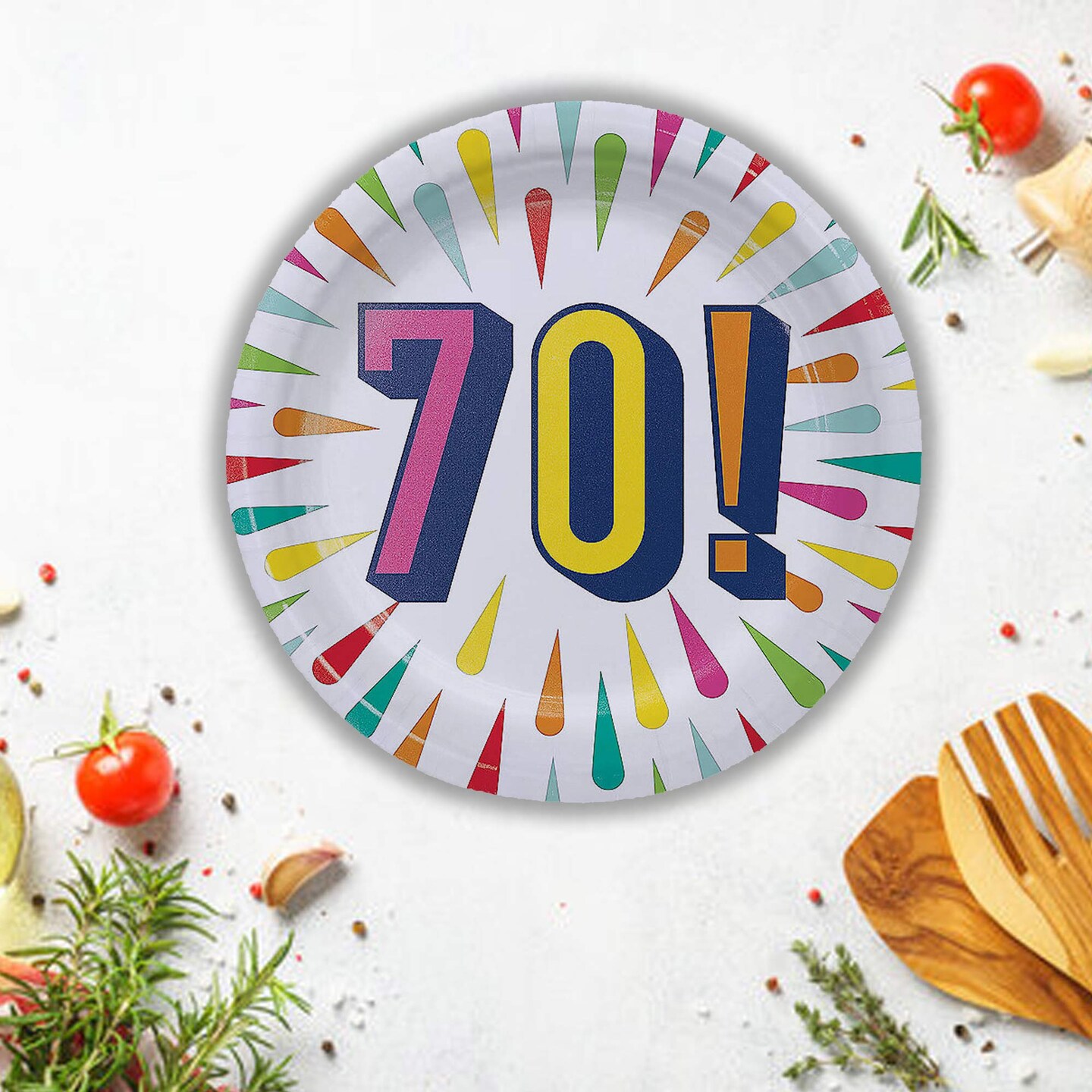 8 Count 70th Birthday Burst Paper Dessert Plates 7 Inch Milestone Celebration Party Supplies