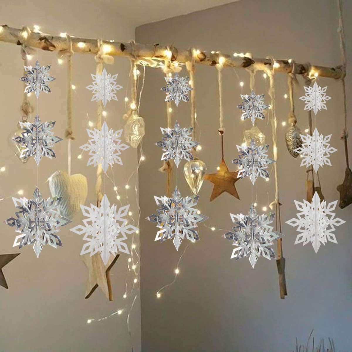 3D 3 Size Hanging Snowflakes Ornaments - Silver-White 18pcs