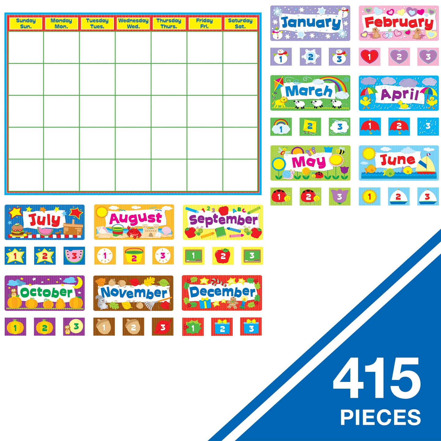 Carson Dellosa 415 pc Set Wall Calendar, Seasonal and Holiday Themed Monthly Headers, Days of the Week, and Number Cover Ups for Bulletin Board and Classroom Decor