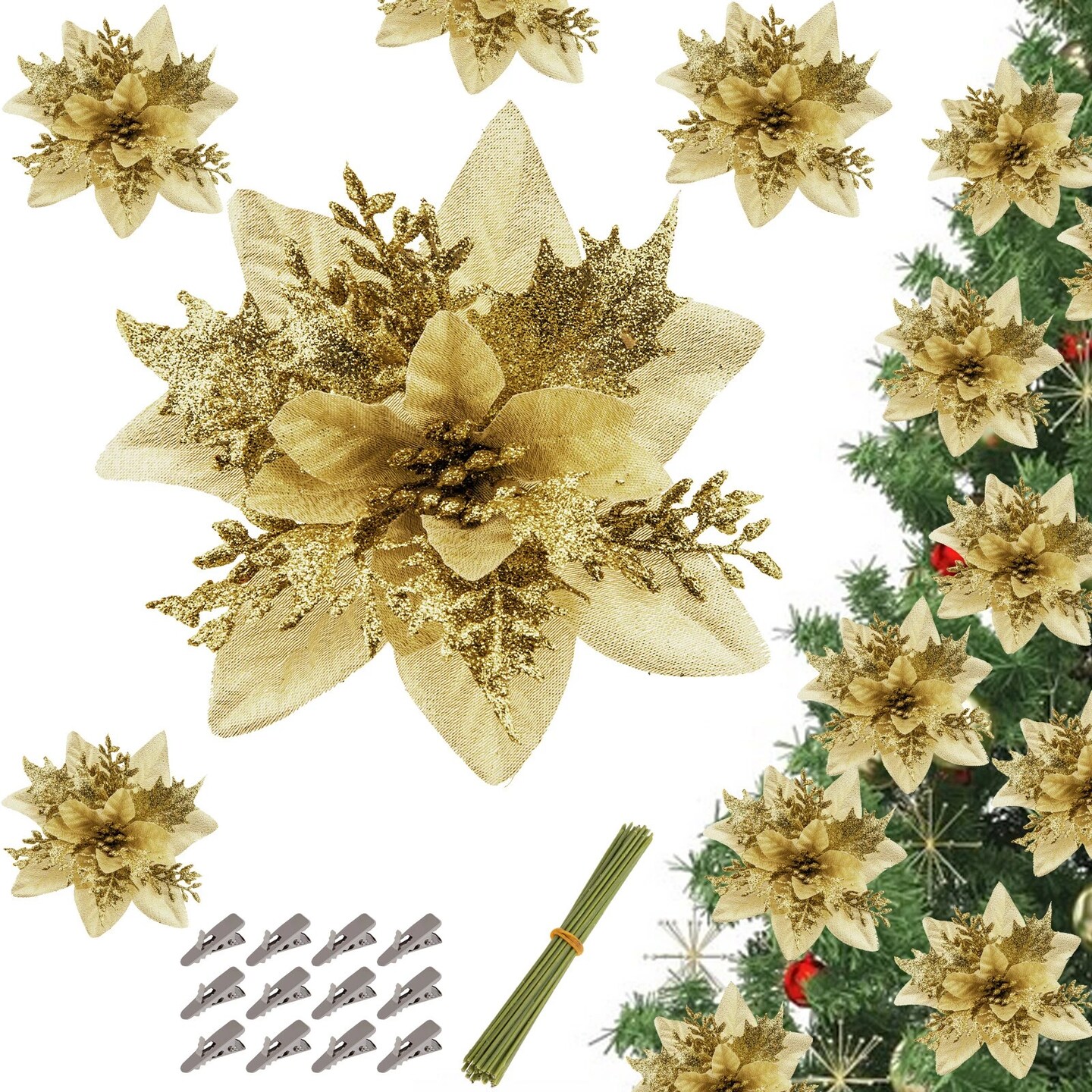 30 Pcs Glitter Christmas Poinsettia Hanging Flower Tree Decor