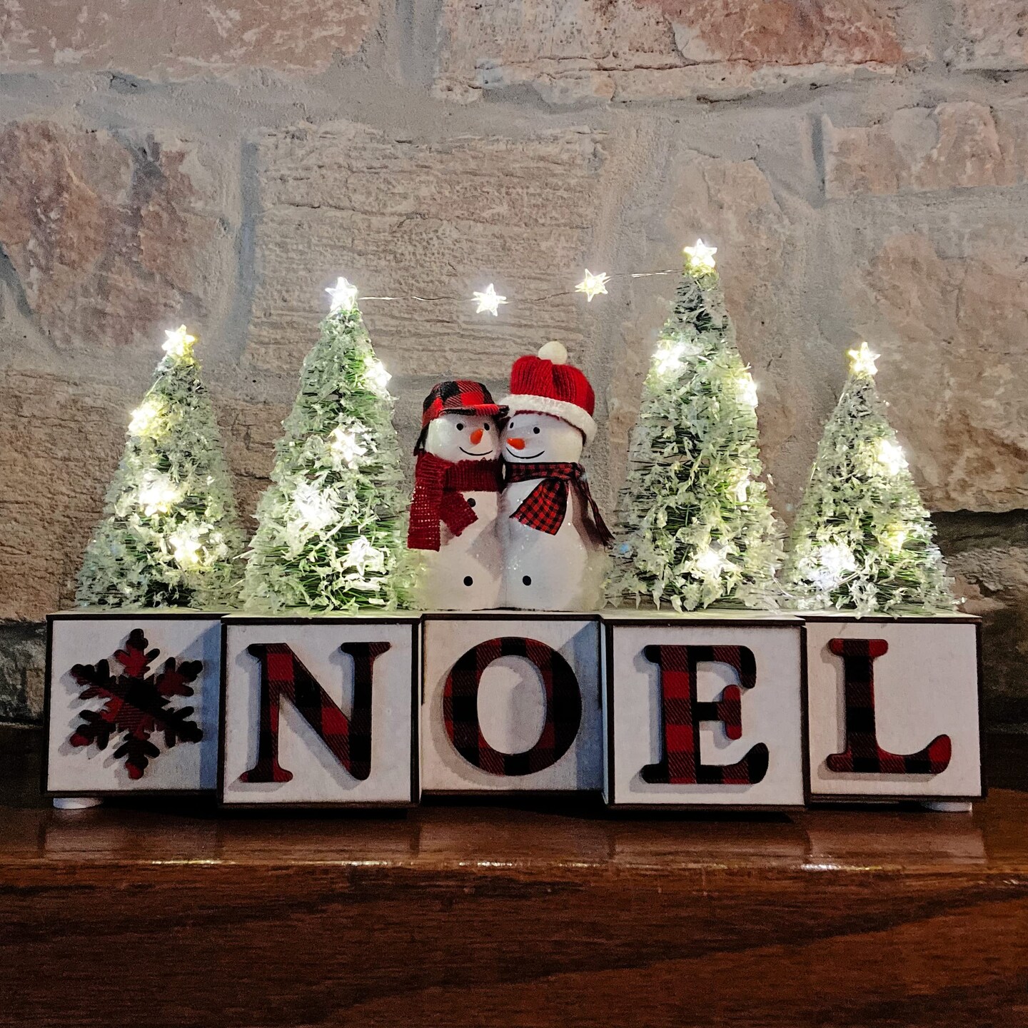 Haute Decor Christmas Wood Blocks Noel with Snowmen Couple, LED Lighted Trees, Battery Operated Automatic Timer - Prelit Christmas Holiday Decoration for Table, Shelving, Counter, Mantel