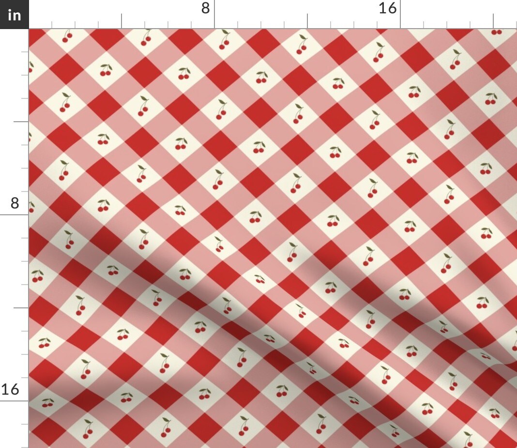Red And White Checkerboard Cherry Vintage Check Kitchen Fruit Farmhouse Plaid Custom Printed Fabric by Spoonflower Various Fabrics by the Yard or Fat Quarter