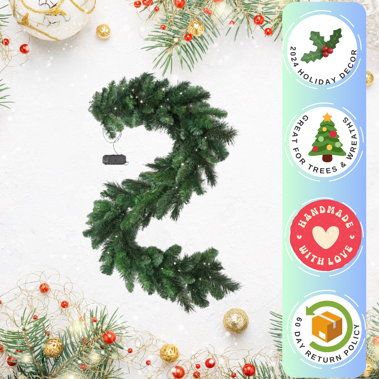 4PC Pre-Lit Christmas Garland 6' Artificial Pine - 120 Tips, 12" Wide with 75 Battery-Powered LED Lights